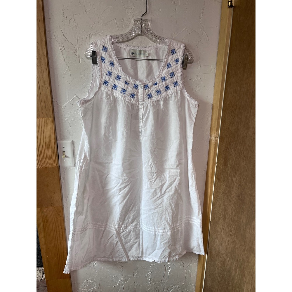 Ella Simone Womens XL White Cotton Sleeveless Embroidered Floral Nightgown Dress